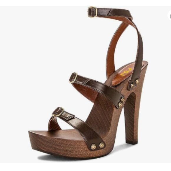 FSJ Brown Open Toe Triple Buckle Straps Clog Heels Studded Platform Sandals - Picture 1 of 8